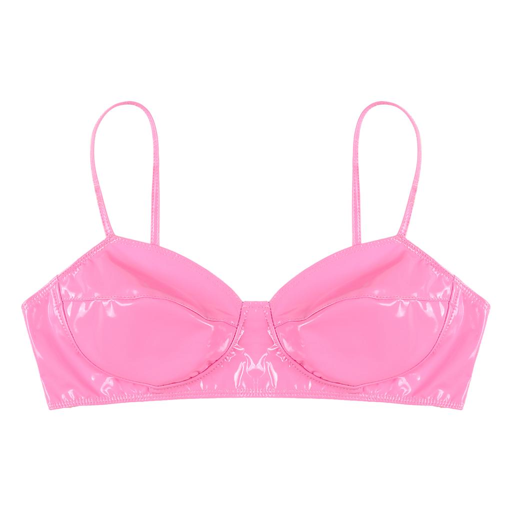 Woman's Wet Look Push Up Bra Top Unlined Wire-Free Patent Leather Bustier Bralette Clubwear