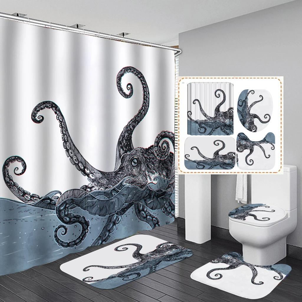 Ocean Monster Octopus Print Shower Curtain Set Waterproof Bathroom Curtain Set With Rugs Toilet Cover Mat For Bathroom Decor