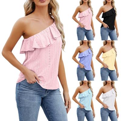 Damenmode, schräge Schulter, Rüschen, einfarbig, Weste, geschrumpft, lässiges Oberteil
