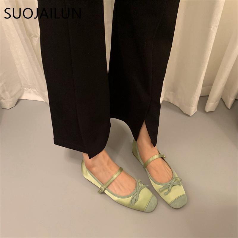 Fashion SUOJIALUN Women Flat Shoes Fashion Round Toe Shallow Slip On Ladies Soft Ladies Mary Jane Ballerinas Flat Heel Casual Ballet Sho