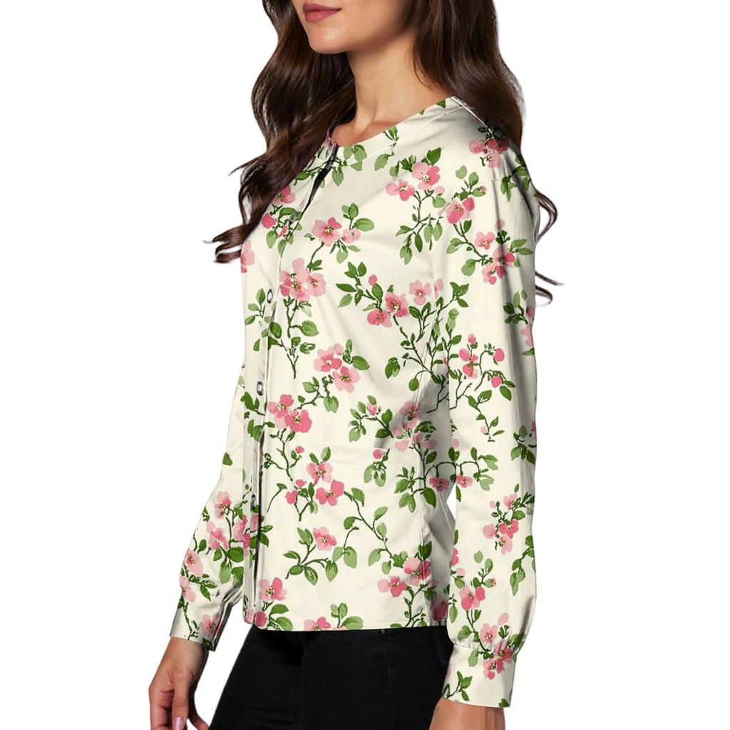 Women's Casual Long Sleeve Single Breasted Floral Print Medical Scrub Cardigan Top Comfortable Fit Lightweight Fabric Suitable for Work
