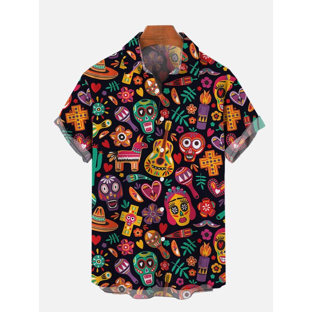 Men's Shirts Mexican Style Skull Pattern 3D Print Tops New Summer Casual Fashion Beach Party Tops Short Sleeves Men Clothing