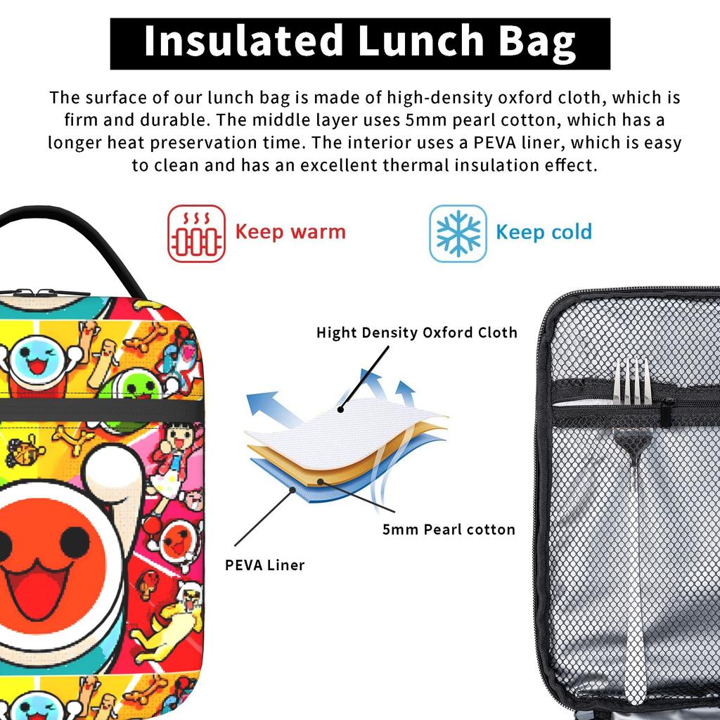 Taiko no Tatsujin Lunch Bag  Office Lunch Box For Child  Vintage Graphic Thermal Tote Handbags Waterproof Portable Cooler Bag