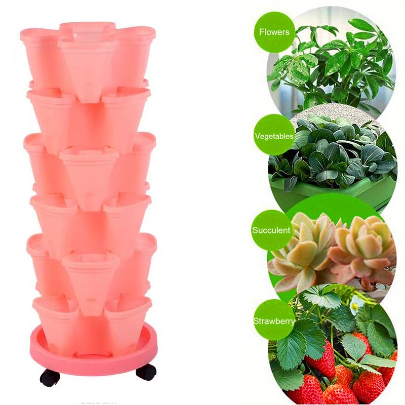 Vertical Planter Tower Garden, 6 Tiered Planter Stackable Herb Garden Planter with Movable Casters and Bottom Indoor and Outdoor
