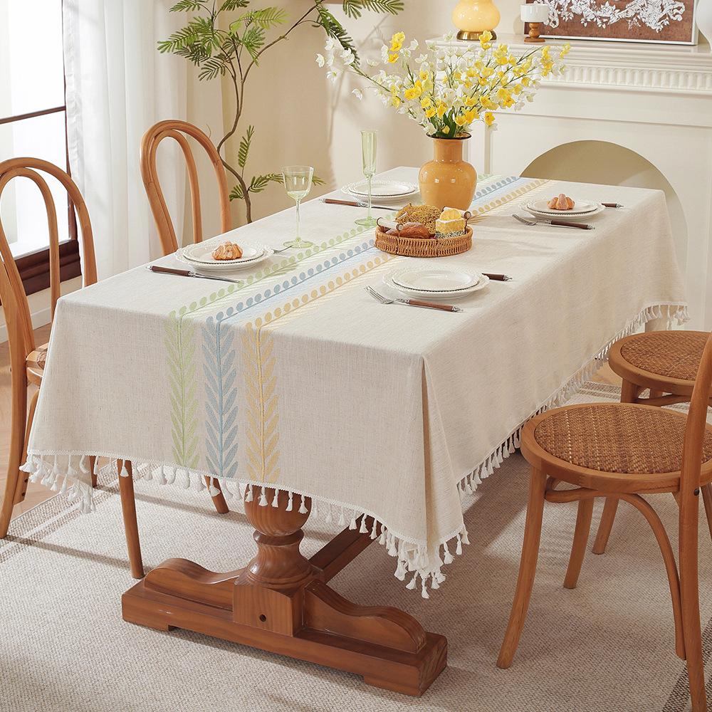 Nordic Embroidered Cotton Linen Tablecloth with Tassels - Dustproof Rectangular Cover for Dining or Coffee Table