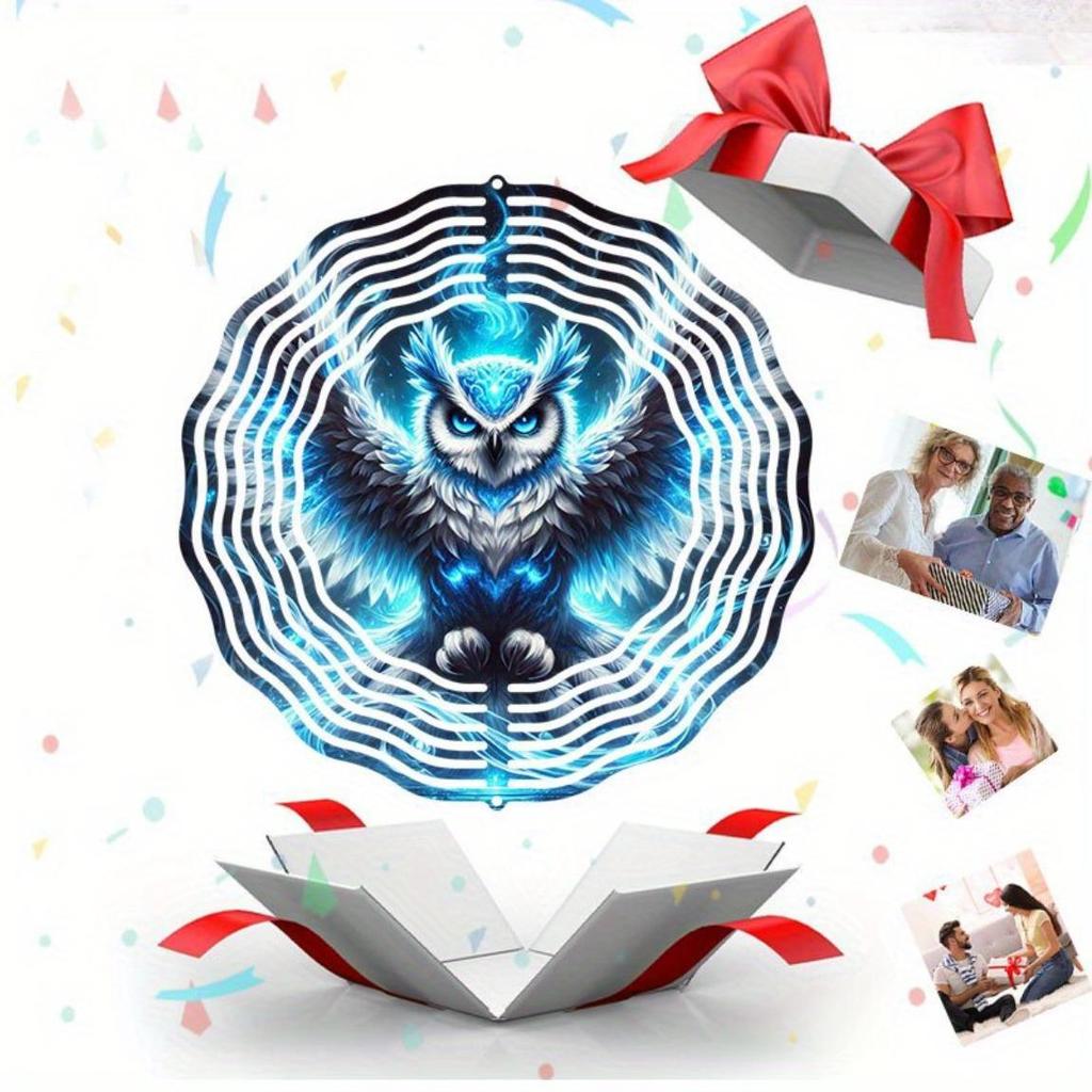 1pc Ice Blue Phantom Owl Wind Spinner - 2D Dynamic Hanging Art with 360° Swivel Hook, Vibrant Blue & Black Metal Garden Decor for Outdoor Yards