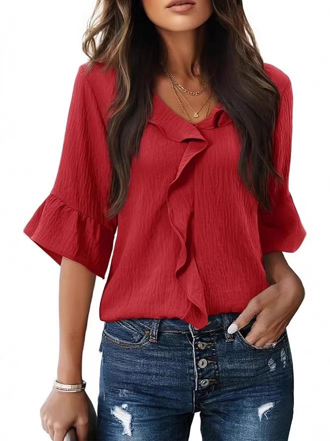 2026 Spring/Summer European & American V-neck Pleated Ruffle Loose Top