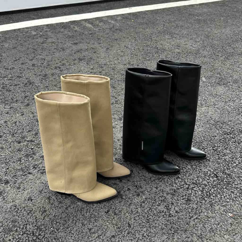 Herbst und Winter 2025 neue spitze Stiefel mit dickem Absatz Retro aber Kniestiefel High Heel Western Cowboy Stiefel Ritterstiefel