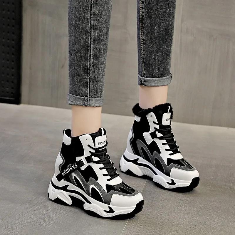 Fashion Top Quality 9CM Genuine Leather Platform Sports Shoes for Women Sneakers Girl Flats Winter Tennis Female Warm Ankle Fur Boots
