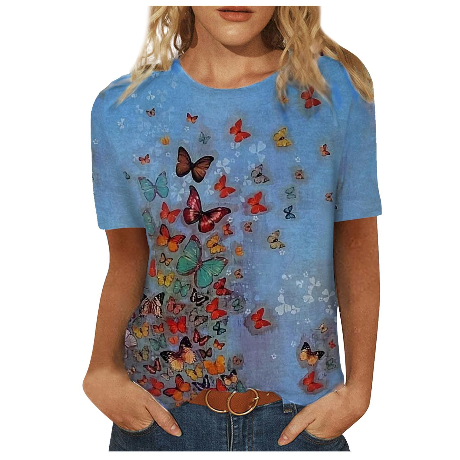

Fashion Women s Summer Printed Short Sleeves Round-Neck Casual Tee Tops L синій