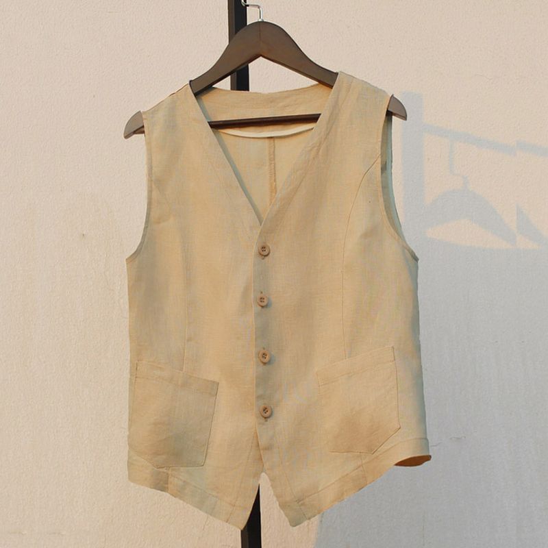 

Summer Fashion Loose-Fitting Versatile Thin Cotton and Linen Vest Women s Sleeveless Vest Casual Cardigan Waistcoat Vest Short Coat Apricot color XL