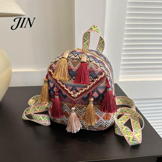 Shoulder Pressure Relief Bag Ethnic Jacquard Backpack, Colorful Small Backpack with Tassels, Geometric Tassel Decoration Straps, Boho Crossbody Purse