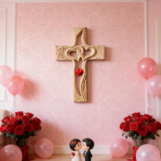 Intertwined Hearts Wall Sculpture Ornament Double Hearts Wall Hanging Religious Decoration Rustic Wooden Hand-Carved Hollow Hearts Wall Decor