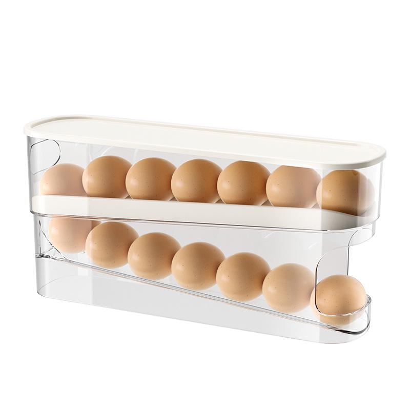 Refrigerator Egg Storage Box with Rolling Rack and Lid, Transparent Food-Grade Design