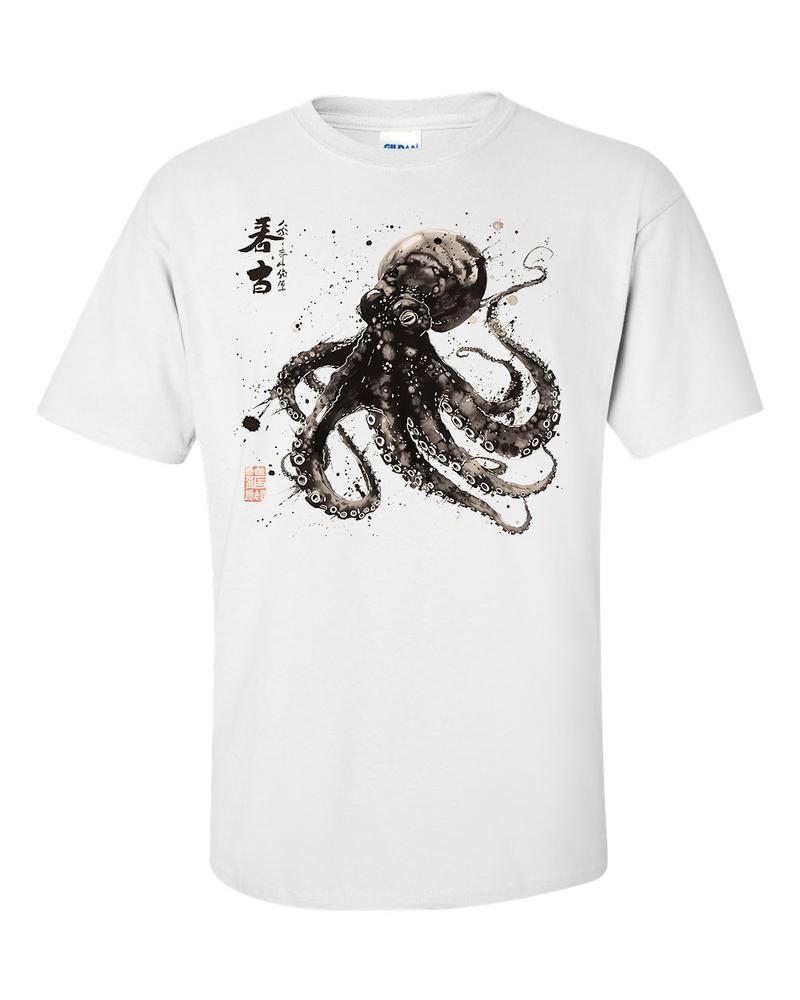 Octopus Japanese Calligraphy Kanji Gyotaku Ukiyoe Art Japan Tako T Shirt 2XL