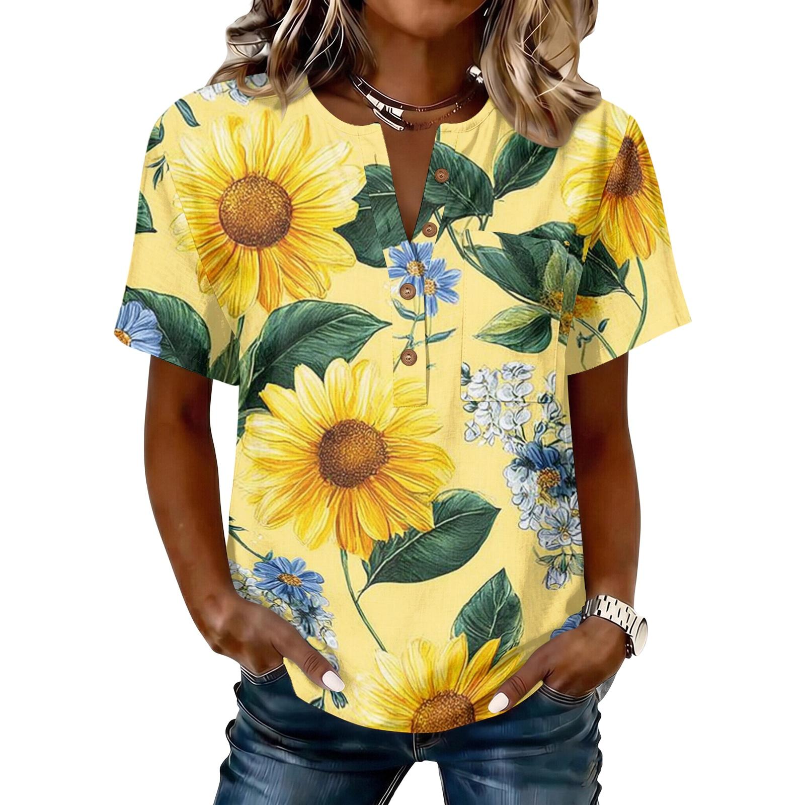Women’s Casual Sunflower Print Henley Neck Button Front Short Sleeve Cotton Linen Shirt Loose Fit Summer Top M