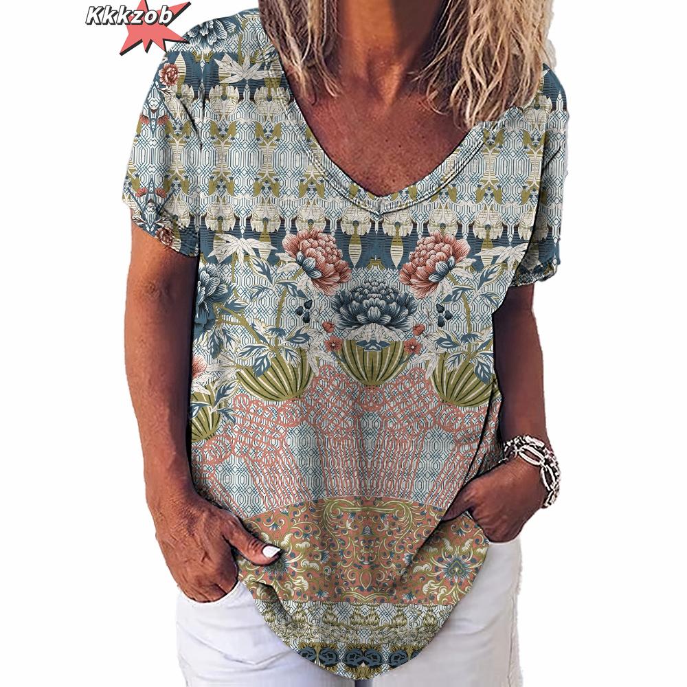 Vintage Print Top Women Short Sleeved Streetwear Summer Tee Women's Fashion Casual V Neck T Shirts Y2k Oversized Female Clothing