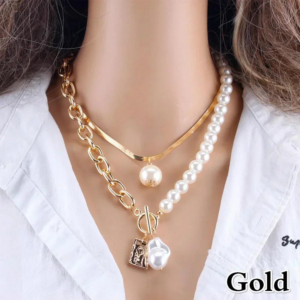 

2 Layer New Fashionable Chain Baroque Retro New Flat Snake Imitation Pearl Necklace Female Metal Figure Pendant Necklace 1