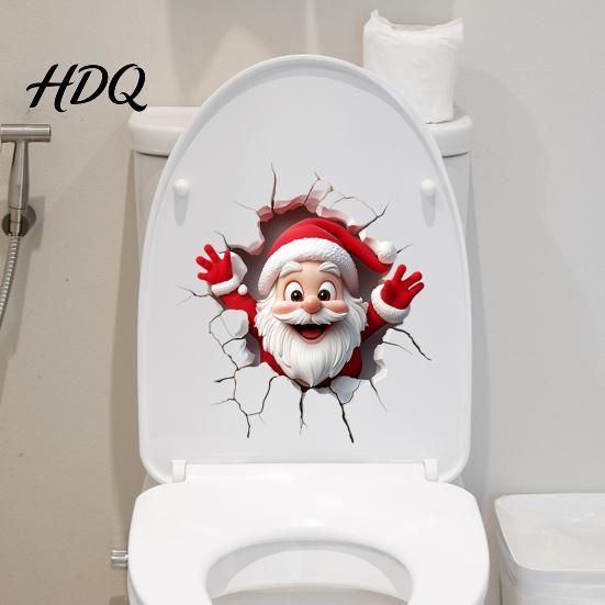 Holiday Window Clings Christmas Toilet Sticker Funny Santa Claus Lid Tank 3D Hole Effect Wall Art Self-Adhesive Waterproof PVC Decal for Bathroom