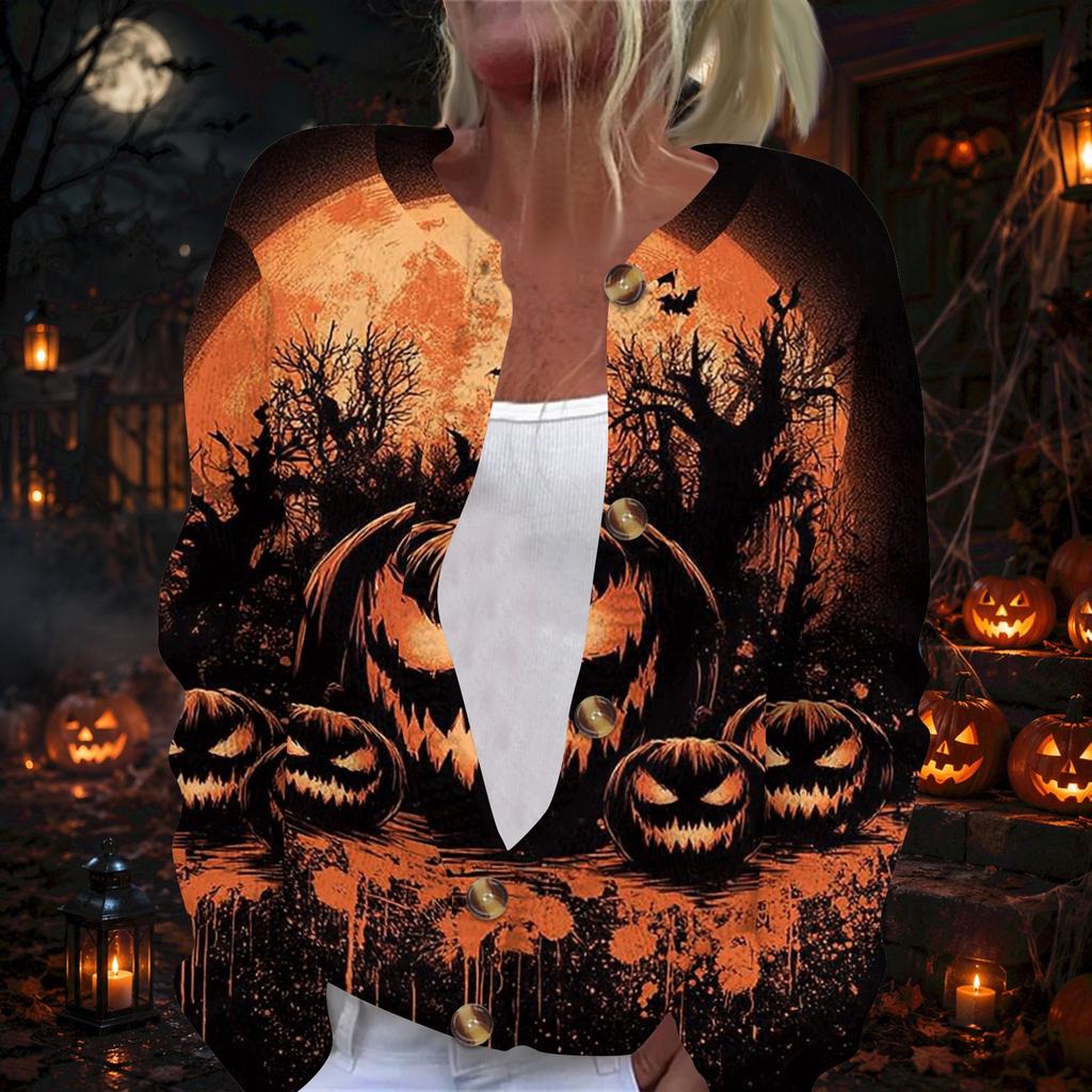 Women's Long Sleeve Knit Cardigan with Halloween Print Button Front for Holiday Party