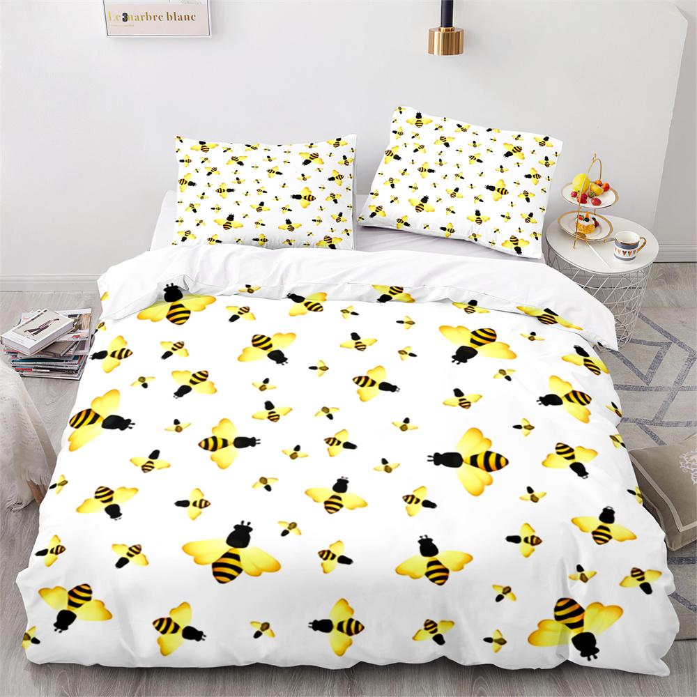 Bee Duvet Cover Set Watercolour Painting Cartoon Cute Wildlife Comforter Cover King Queen for Kids Girl Polyester Bedding Set