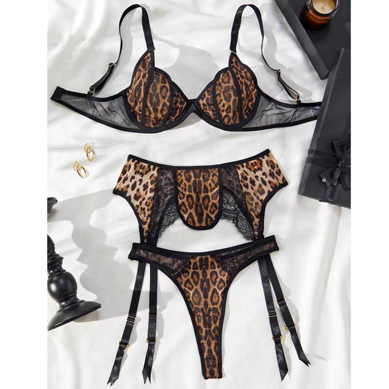 Sexy Women’s Leopard Print Lingerie Set Lace Patchwork Underwear Low Cut Push Up Three Piece Set