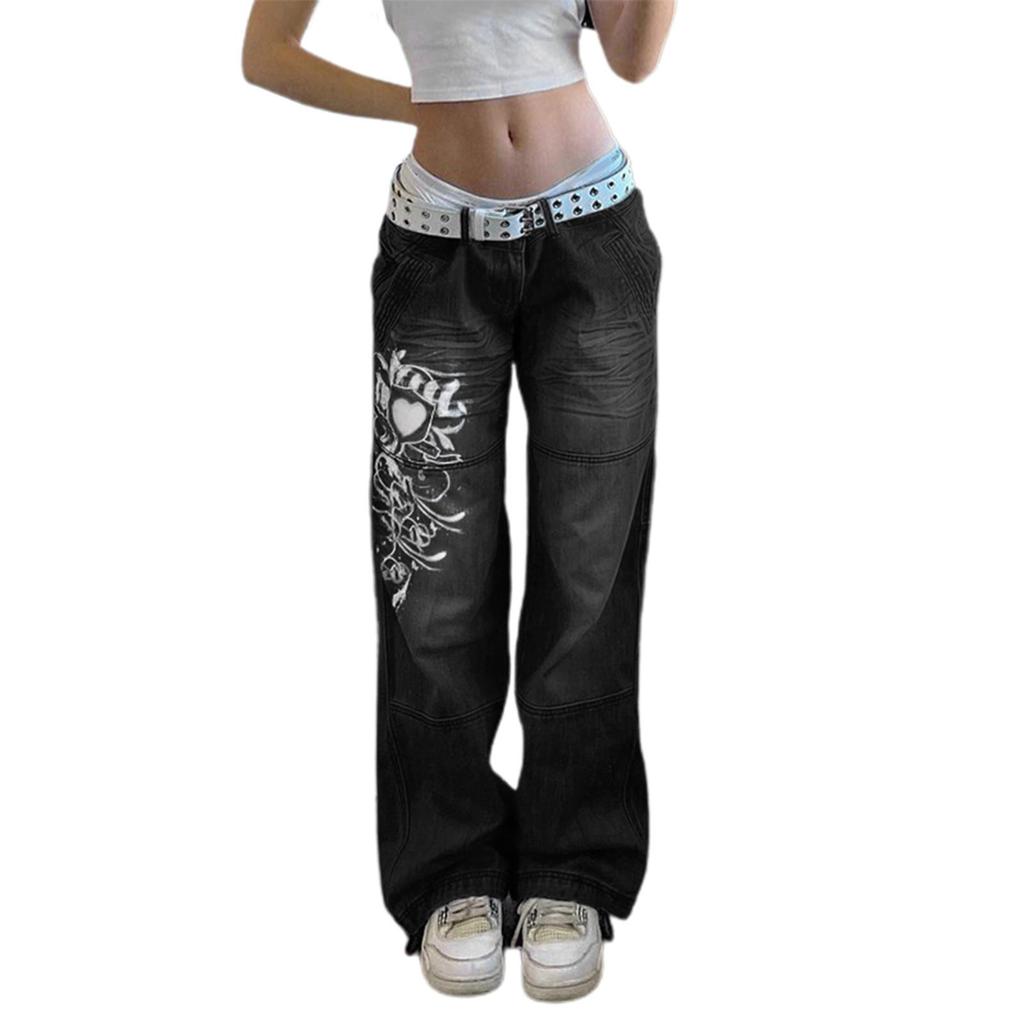 Jeans da donna con stampa Harajuku, stampa floreale, estetica vintage, pantaloni larghi dritti, outfit casual grunge, pantaloni streetwear Y2k