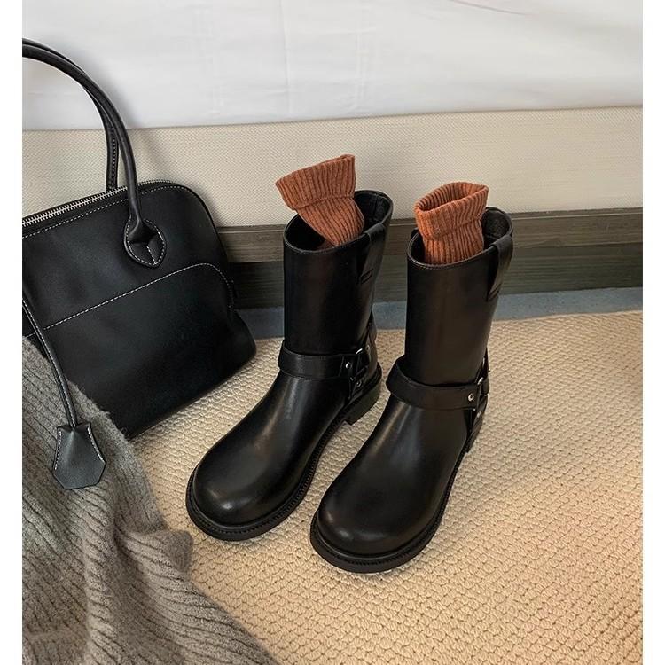 Cowhide~ Grape Mom same fashion boots retro black Martin boots women's thick heel western boots belt buckle short boots