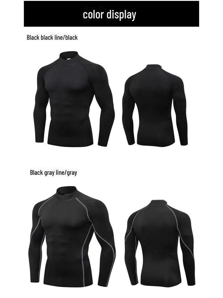 Men's High-Collar Basketball Training Tights - Long Sleeve, Plus Velvet, Warm, High Elastic, Quick-Drying.