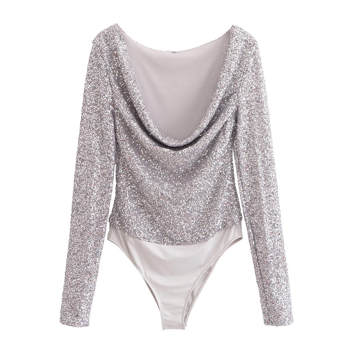 

2025 Spring Women s Slim-Fit Sequin Pleated Cowl Neck Bodysuit Small серебряный