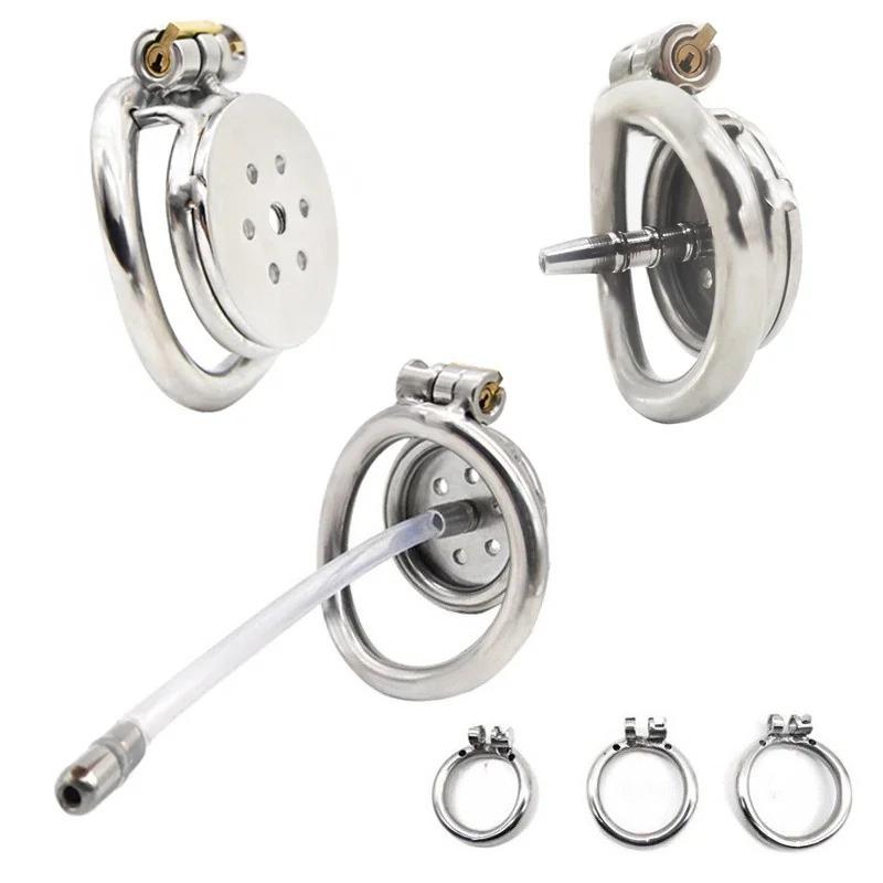 Male Chastity Device Flat Round Hole Metal Chastity Lock,Cock Cage,Urethra Catheter,Penis Ring,Bondage Belt Sex Toys For Men Gay