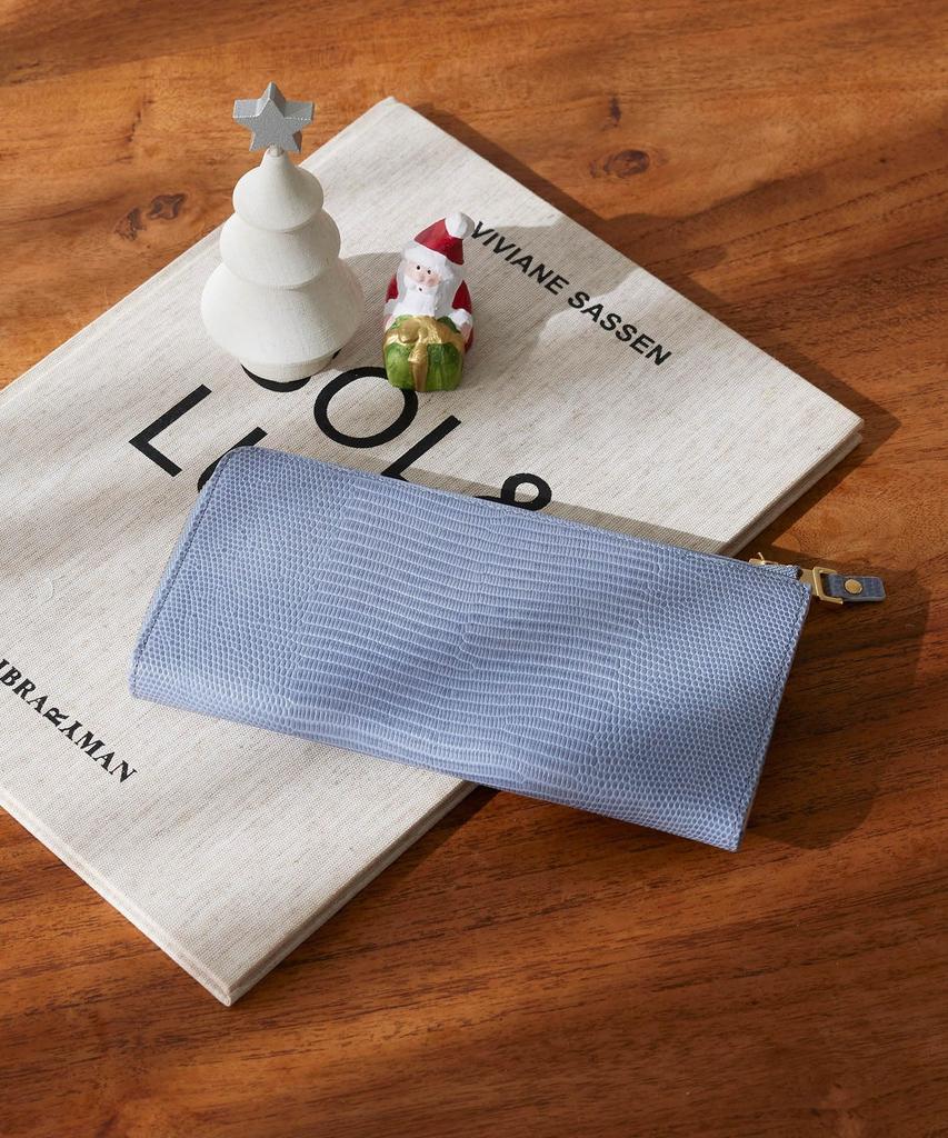 Topkapi Italian Leather Lizard Embossed Long Wallet with Large Zipper and Blue Gray Gusset, LUCIA,