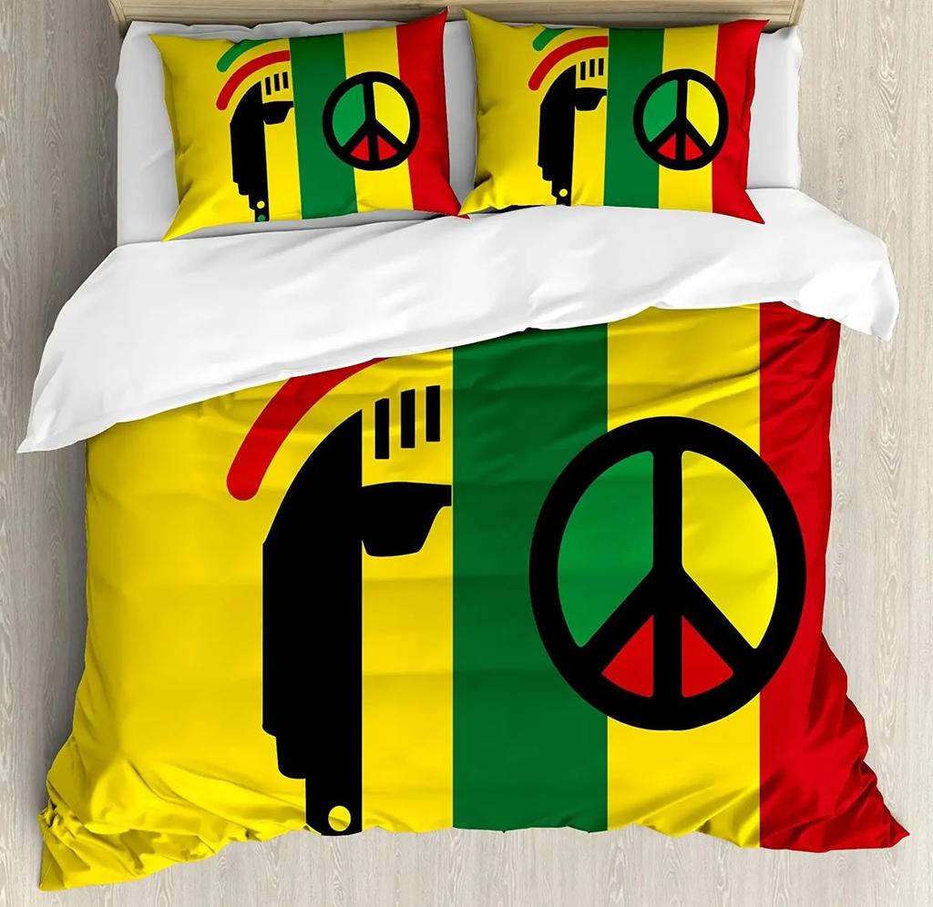 Rasta Bettbezug-Set, Löwe Eine Rastafari-Flagge Dschungel Reggae Bettwäsche-Set Kunst Bunt Kulturell Folkloristisch Druck Bettdeckenbezug-Set