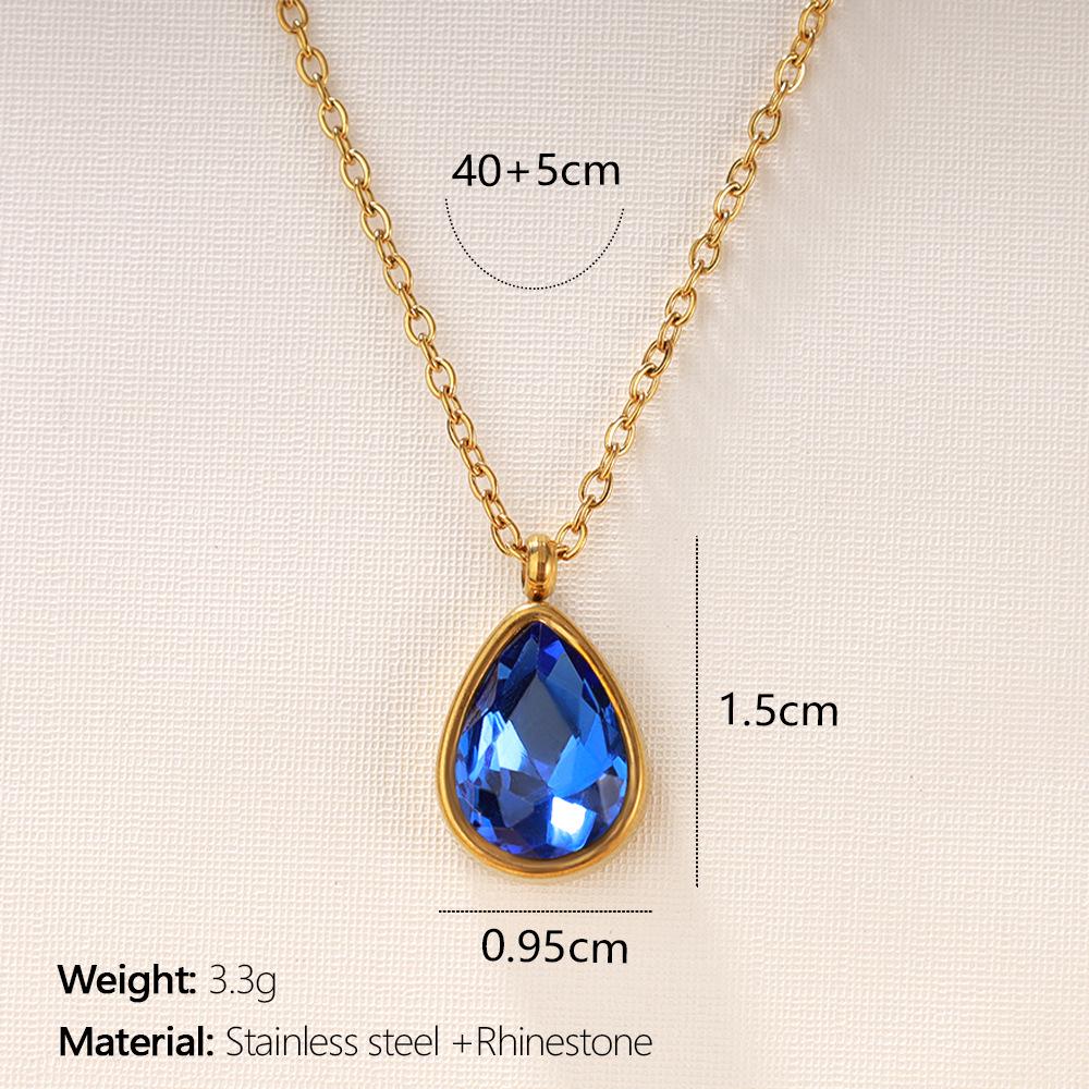 18K Gold Plated Stainless Steel Water Drop Diamond Pendant Necklace for Women - French Light Luxury Style