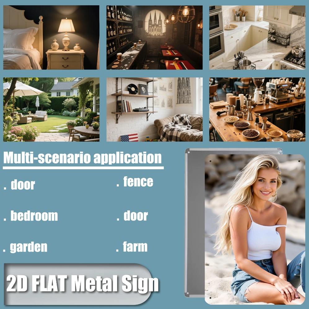 Hisun Blechschild HD Metall Wandkunst Wunderschöne Blonde Frau im Sexy Weiß Gerippten Trägertop Distressed Jeansshorts Sitzt am Sandstrand in der Nähe von Rost