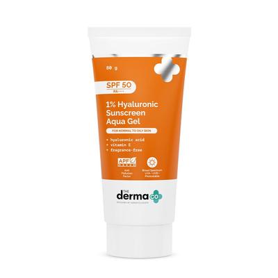 The Derma Co 1% Hyaluronic Sunscreen Aqua Gel SPF 50 PA++++ Lightweight Hydrating No White Cast Broad Spectrum 80 G