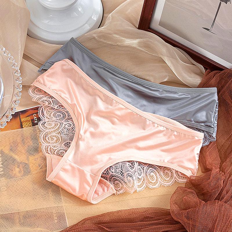 Women Bowknot Mid Waist Satin Panties Solid Color Spaghetti Strap Lace Briefs Hollow Out Seamless