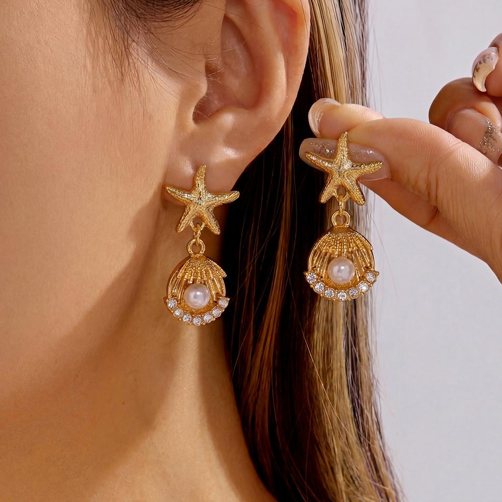 Boho Gold Color Starfish Shell Statement Earrings for Women Imitation Pearl Minimalist Summer Beach Vacation Fashion Jewelry