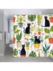 Black Cat Green Leaves Shower Curtain Cats Potted Succulent Tropical Plant Cactus Leaf Watercolor Monstera Floral Botanical