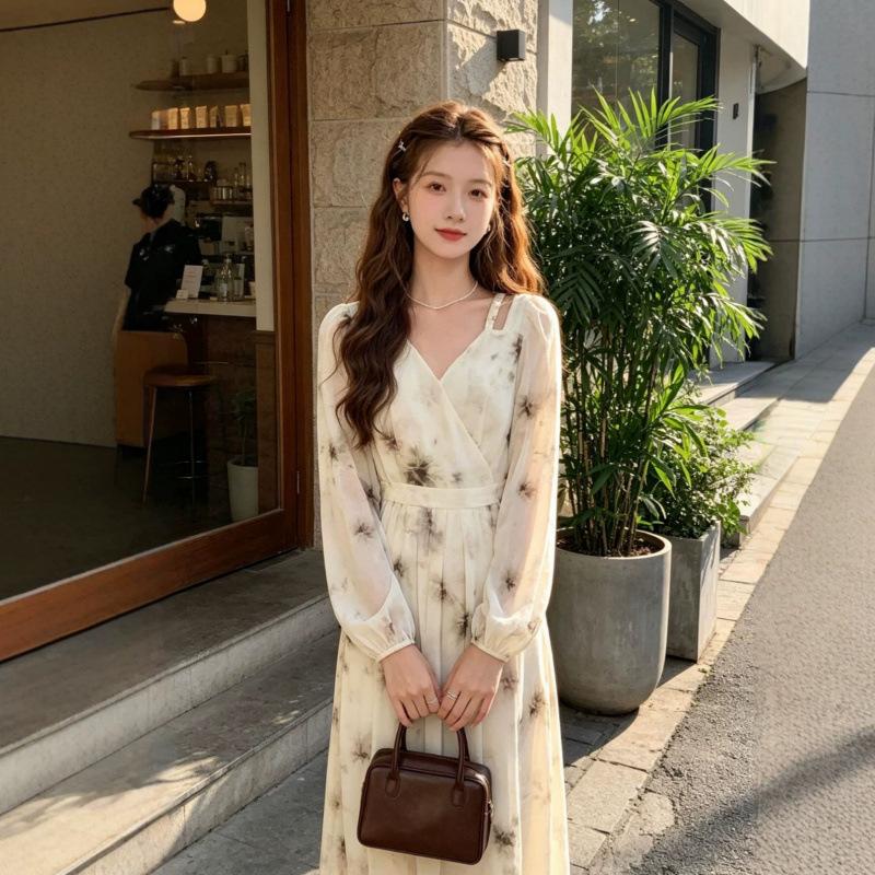 French Spring and Summer New Printing Mori High Waist Thin Romantic Long Sleeve Long Dress Niche Design
