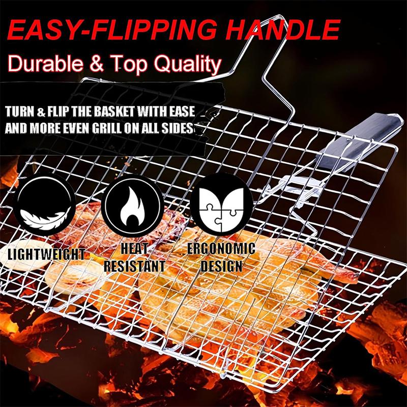 Portable BBQ Grill Basket Folding Fish Vegetable Grilling Basket Stainless Steel Grill Basket for Camping Picnics JT455
