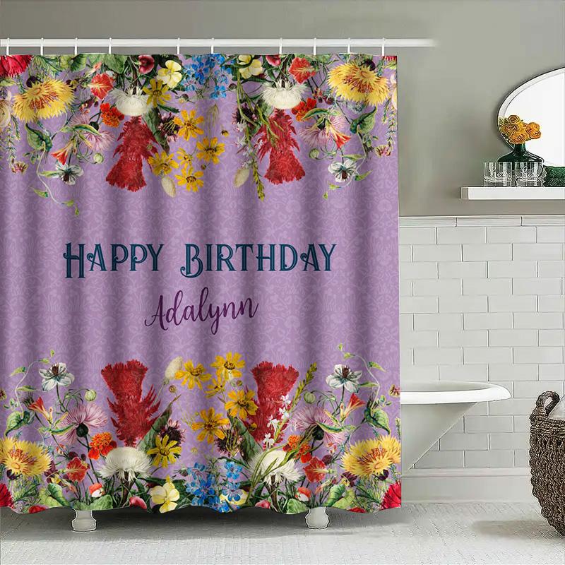 Birthday Shower Curtain Set Decorative Custom Name Printed Flowers Bath Rug Non-Slip Bathroom Liner