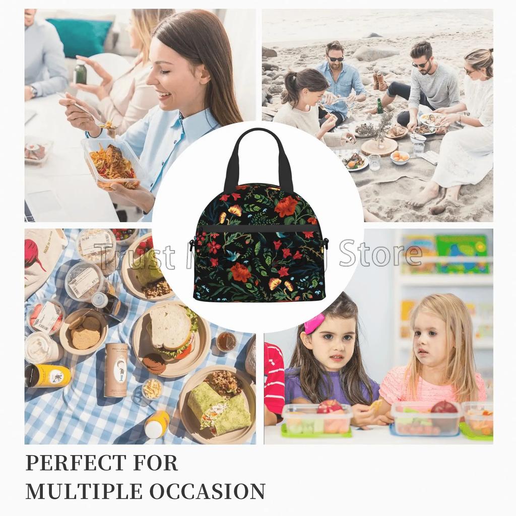 Florals Birds Black Insulated Lunch Bag Reusable Thermal Cooler Bento Tote with Detachable Shoulder Strap for Work Picnic Travel