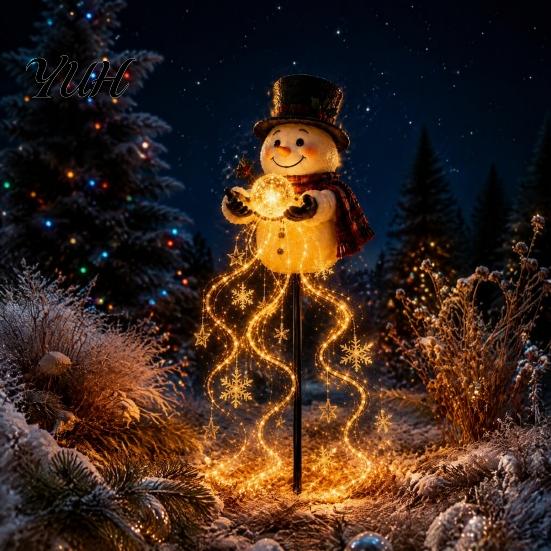 Solarbetriebene Feiertags-Gartendekoration Schneemann Gartenlicht mit fließenden Schneeflocken, LED-Weihnachts-Wasserfall Warmweiß Außenbeleuchtung Stern, Wetterfest