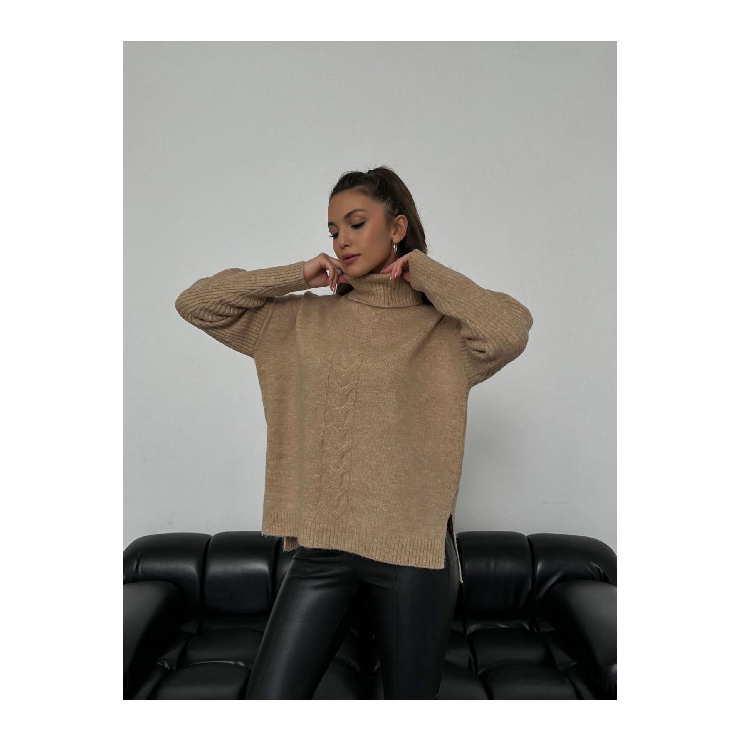 

Soft Textured Turtleneck Knitted Sweater With Side Slits