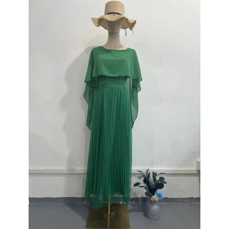 

European and American New Solid Lace Stitching Shawl Sleeve Dress Backless Shawl Sleeve Dress Green L