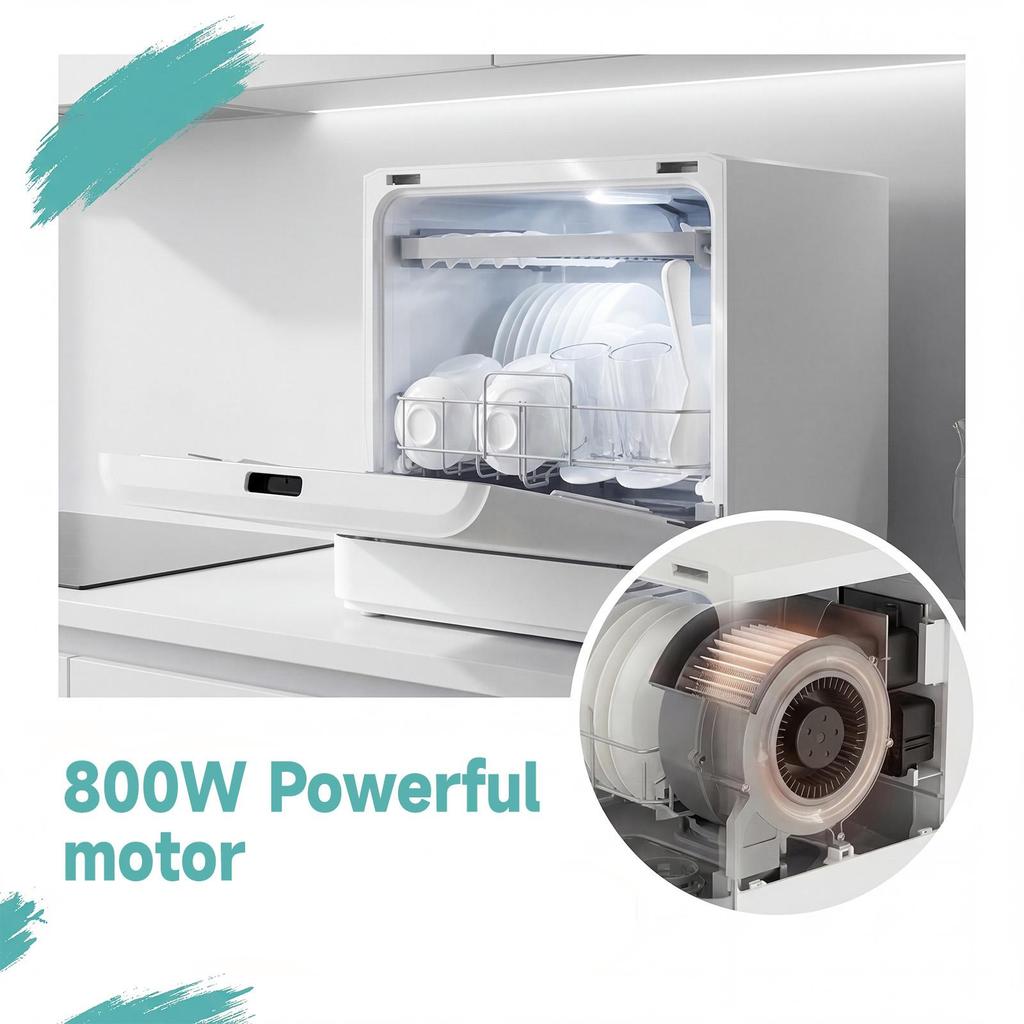 Dishwasher, 6 programs, 8 place settings, uses approx. 5 liters of water, suitable for family kitchens, apartments and student dormitories