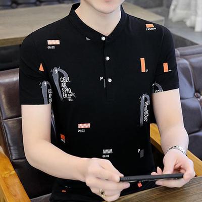 2025 Men's Stand-Up Collar Printed Cotton T-Shirt: Short-Sleeved Summer Trend