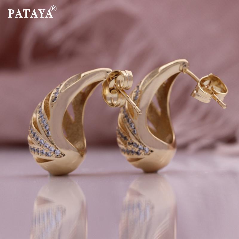 PATAYA Peacock's Tail Style Hollowing Process Microwax Inlay White Artificial Zircon Earrings