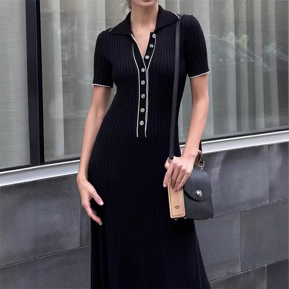 Women's Short Sleeve Turn-Down Collar Ribbed Knit Bodycon Dress - Spring/Summer 2025 European & American Style